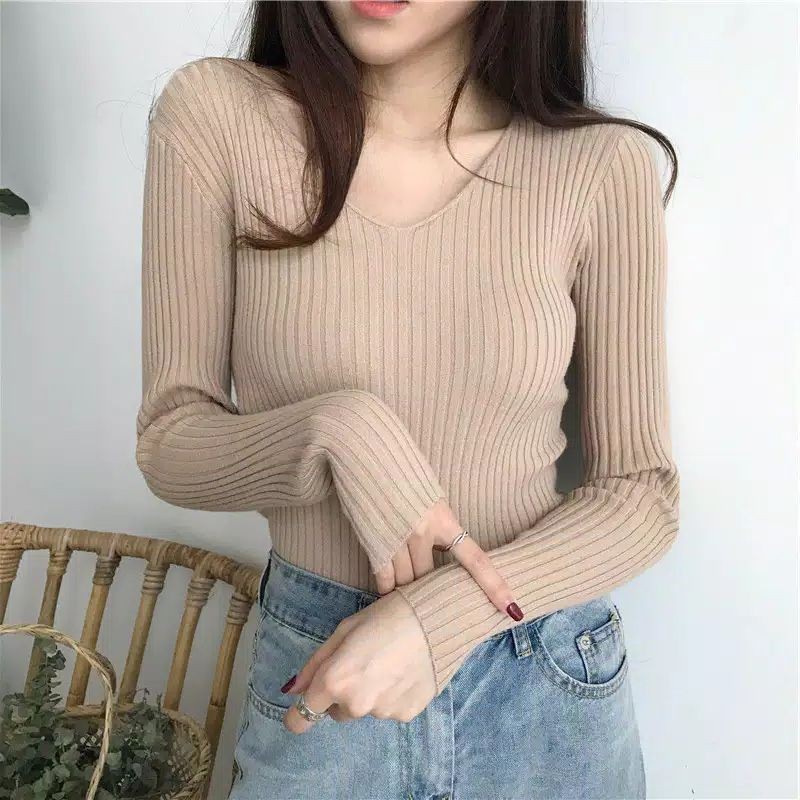 Sweater Rajut Wanita kerah V neck lengan panjang VICTORIA Knit Premium Tebal