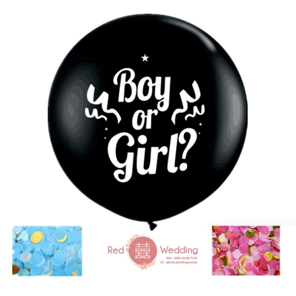 Paket Balon Hitam Gender Reveal dengan tulisan Boy or Girl termasuk isian tabur