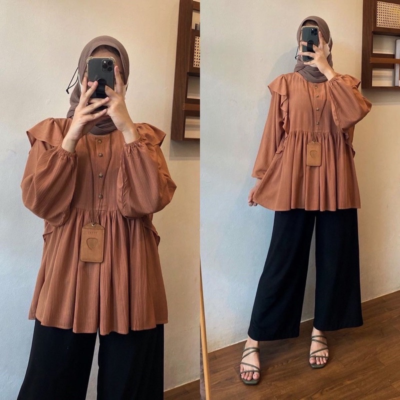 Soraya Blouse Ruffle Rayon Crinkle Serena Blouse Wanita