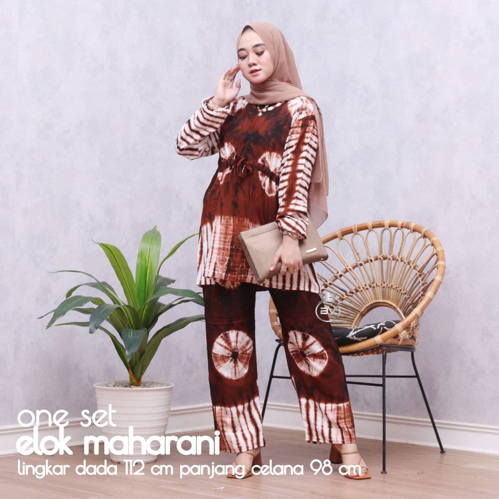 Elok Maharani Set - One Set Wanita Rayon Premium Setelan Wanita Batik Lengan Panjang Set Celana Kekinian LD 110 cm