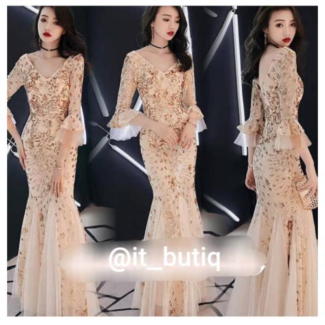 LongDress pesta sequin gold mermaid import - Dress penyanyi singer - Gaun pesta  dbf01