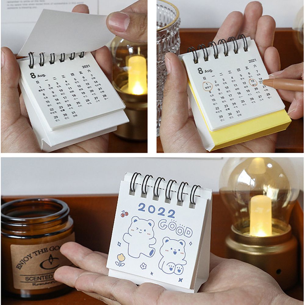 QUINTON ins 2022 Calendar Cute Table Calendar Mini Desk Calendar 2022 Student Stationery Dual Daily Scheduler Table Planner Calendar Planner Kawaii School Supplies Simple 2022 Desktop Decoration