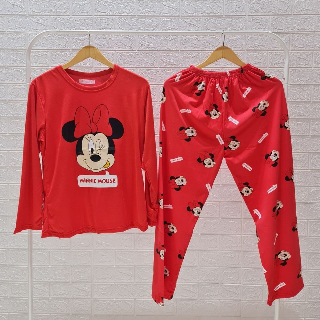 3527 kaos pajamas long red mouse one set import big baju tidur