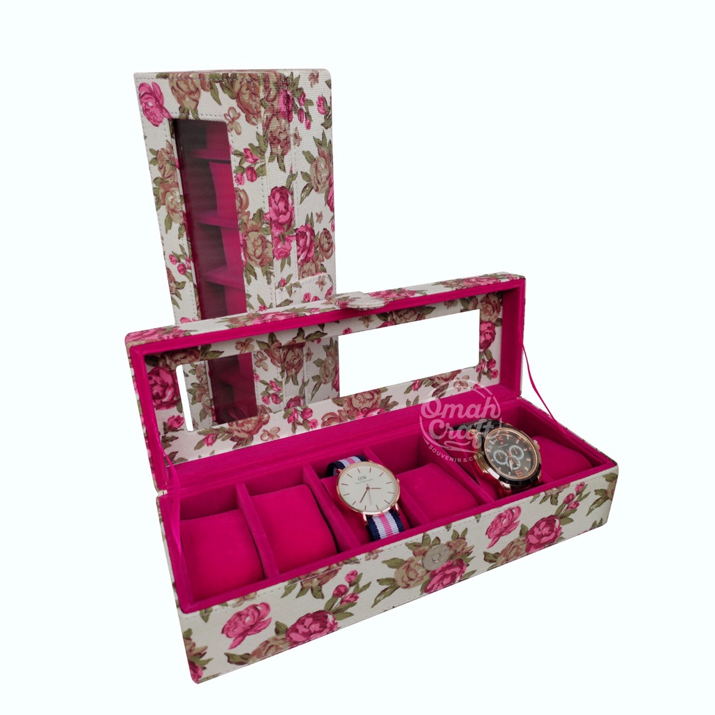 Kotak Jam Tangan isi 6 Motf BUNGA PINK / box Tempat Jam Tangan Watch Box Organizer