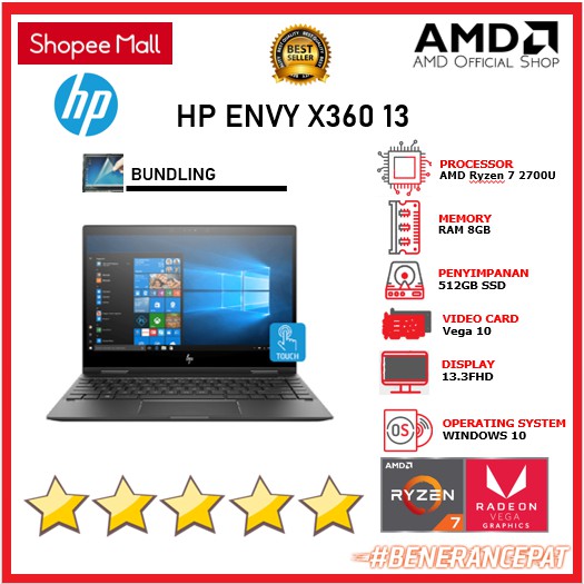 HP Envy X360 13-AG0023AU -  AMD Ryzen 7 2700U 8GB 512SSD Vega 10 W10 13.3FHD