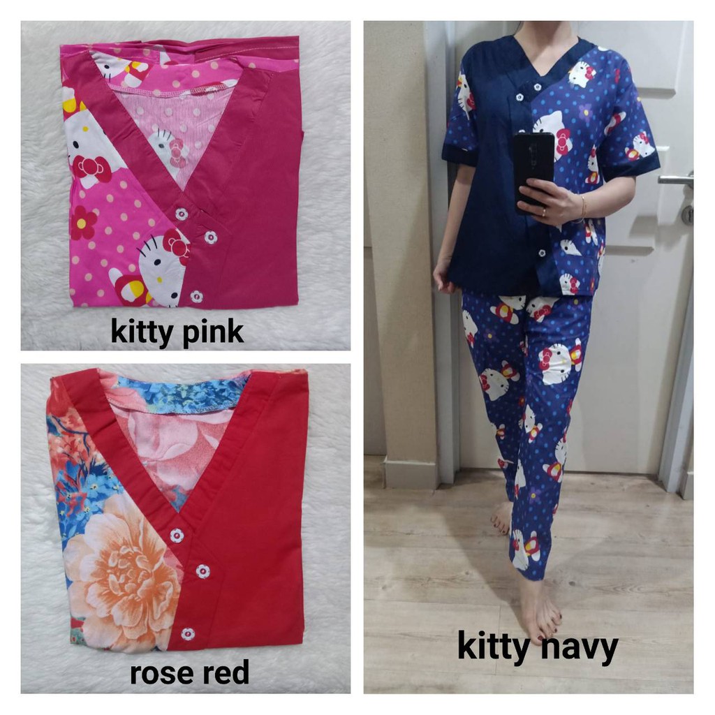 Piyama Cp New Model Kerah V Kombinasi Katun Lokal Dewasa Shopee Indonesia