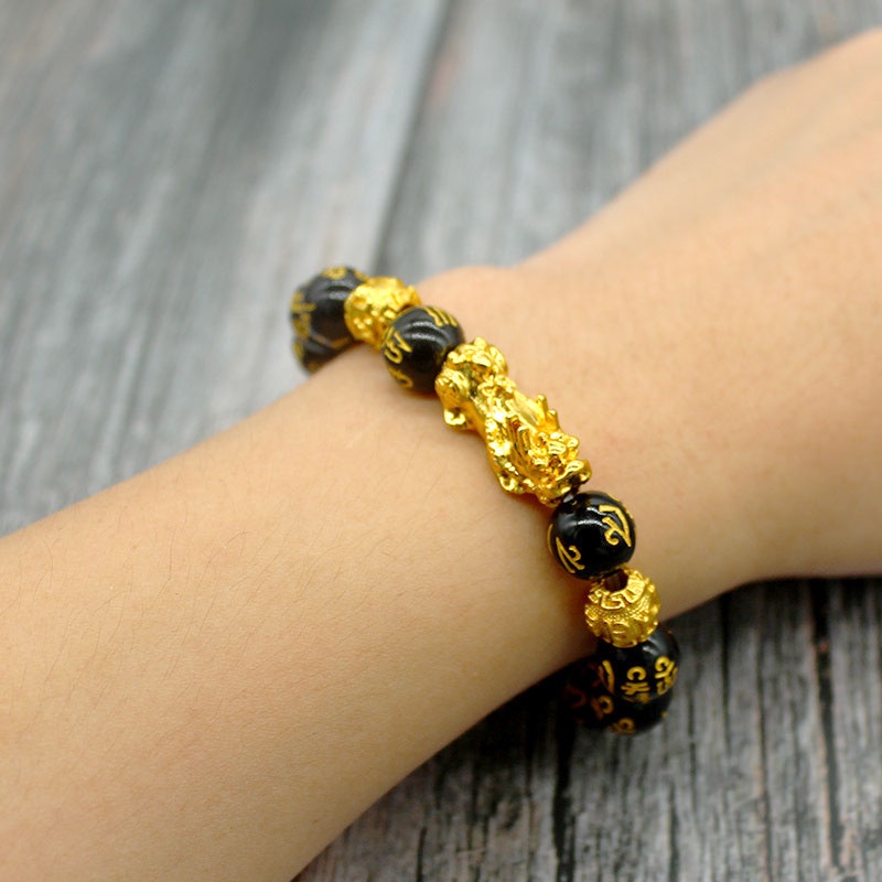 Manik-manik Gelang Pria dan Wanita Netral Gelang Emas Hitam Bi Bordir Kaya Wanita Gelang Fashion Retro Feng Shui Obsidian