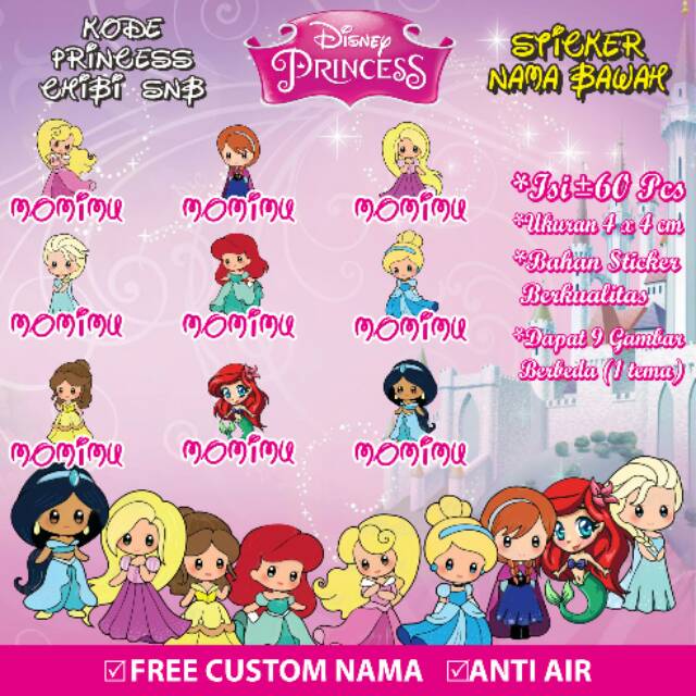 

Stiker/Sticker/Label Nama Bawah Anak/Remaja/Dewasa Custom Princess Disney Chibi