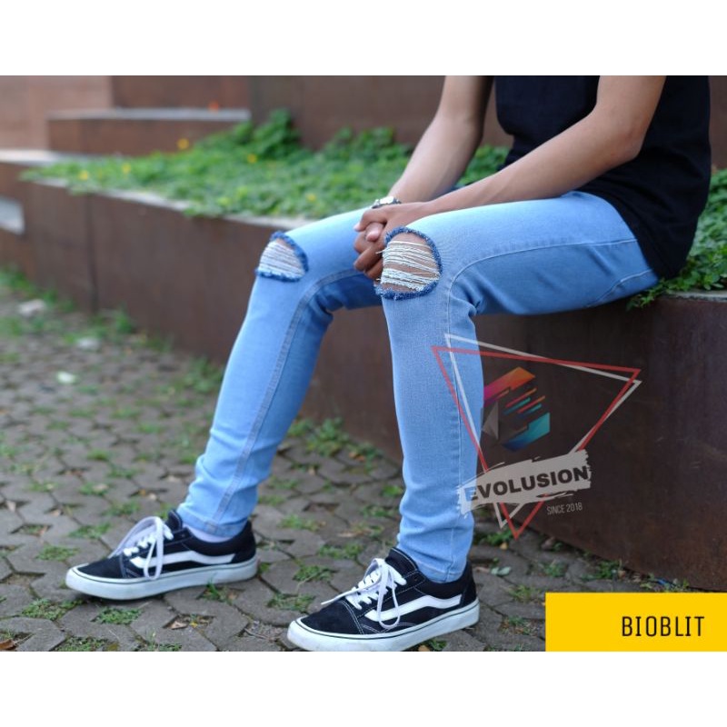 [COD] Celana jeans sobek lutut pria ripped jeans softjeans hitam murah melar