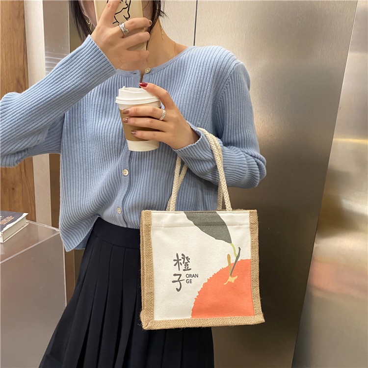 Drozenb Tas Tote Wanita Bahan Anyam Goni Resleting Mini/Totebag Fashion Korea Anyam Impor/Tas Tote Mini Bahan Goni Model Korea Fashion