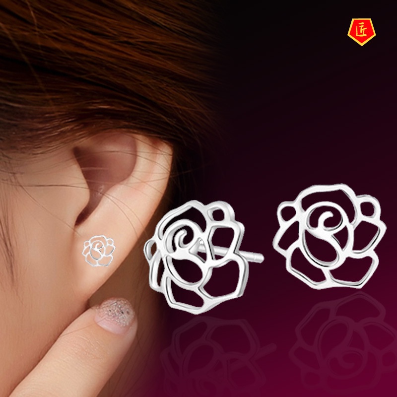 [Ready Stock]Elegant Hollow Peony Silver Stud Earrings