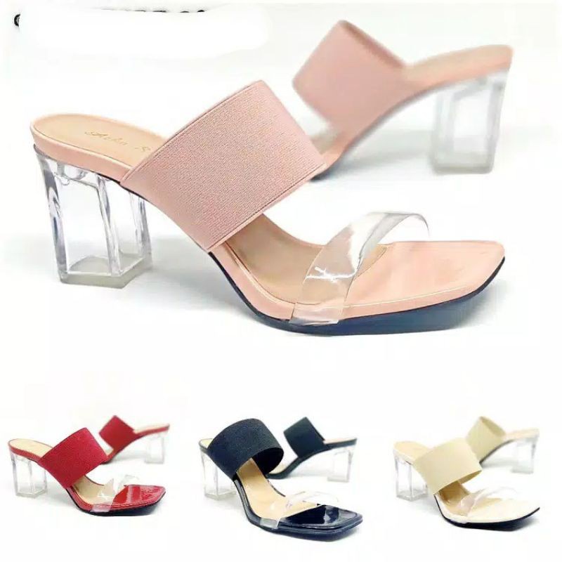 SANDAL WANITA HEELS HAK KACA SLOP KARET IMPORT