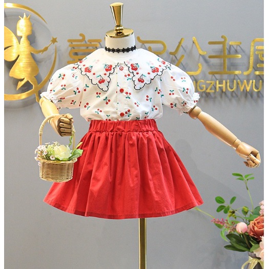 SETELAN ANAK CEWEK IMPORT / BAJU ROK MOTIF CHERRY RED