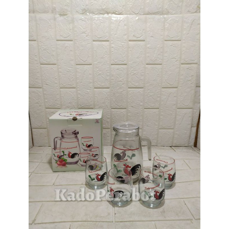 teko kaca ayam set kukuruyuk 4+1 - teko kaca set - hampers teko set