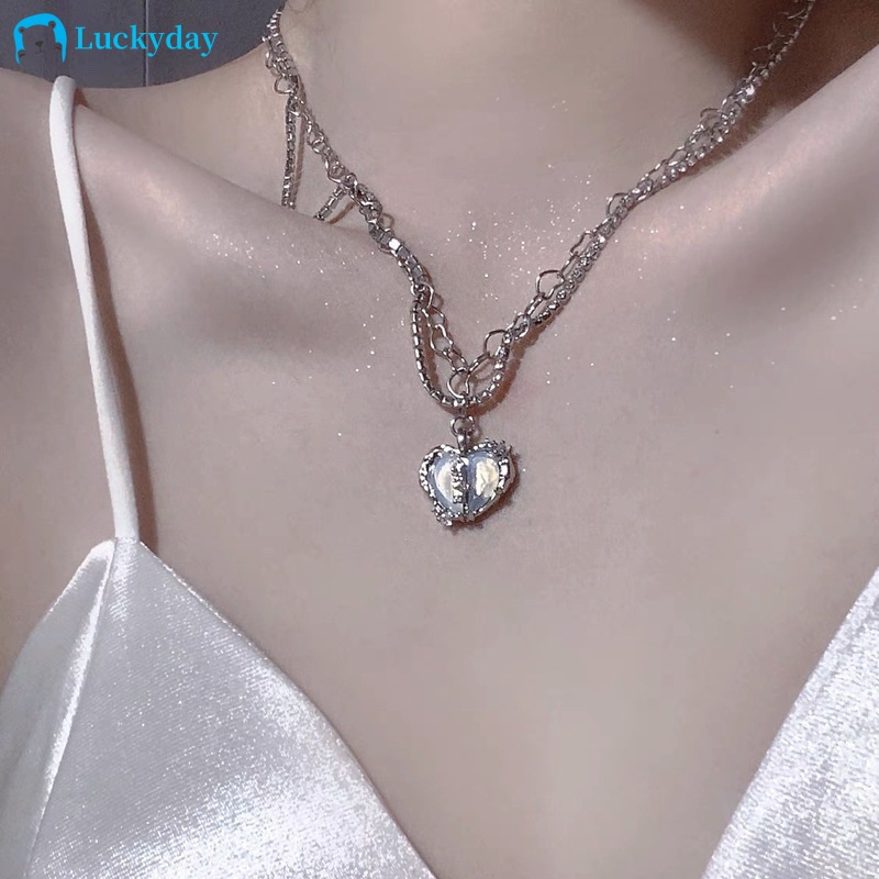 YEEZII Kalung Rantai Choker Liontin Batu Permata Stereoskopis Bentuk Hati Warna Silver Untuk Wanita