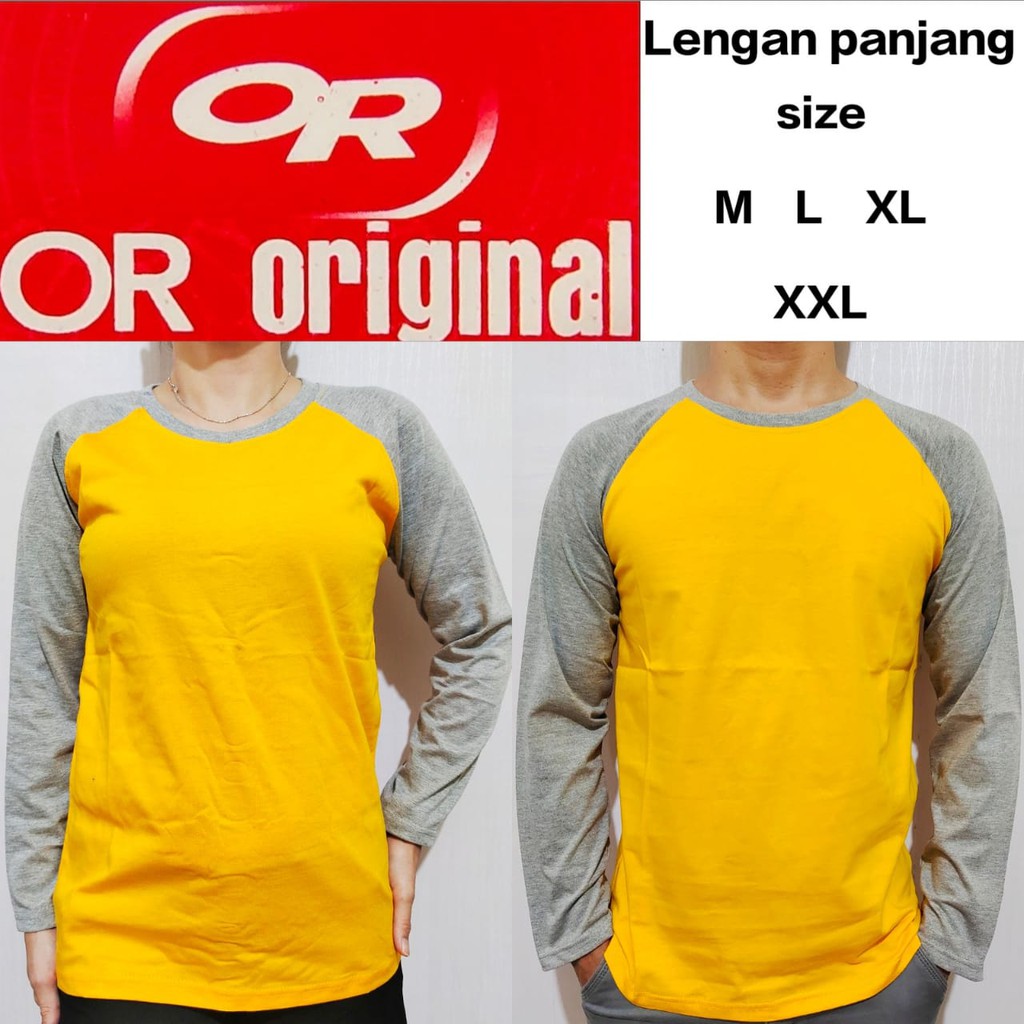 Kaos polos raglan kuning lengan abu misty panjang M L XL XXL