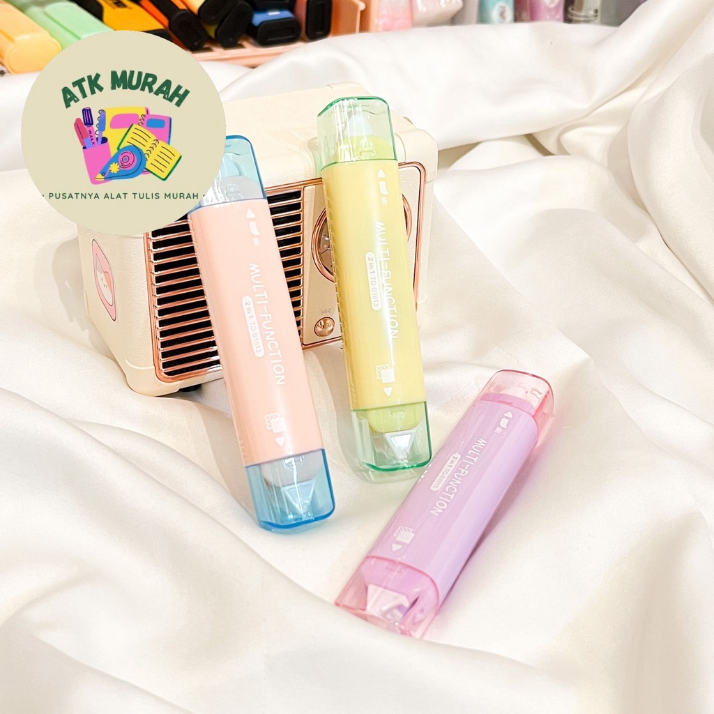 

2 in 1 Correction Tape + Glue Tape lem roll penghapus pulpen lem selotip double tape warna pastel alat tulis kantor sekolah kado unik lucu lilac baby blue yellow
