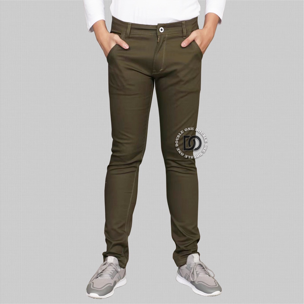 DOUBLE ONE - Celana Chino Panjang Original FIFTEEN DENIM / Chino Panjang Pria / Celana Chino Panjang Cowok / Chino Pants Kasual / Celana Panjang Pria Katun Stretch Hijau Army