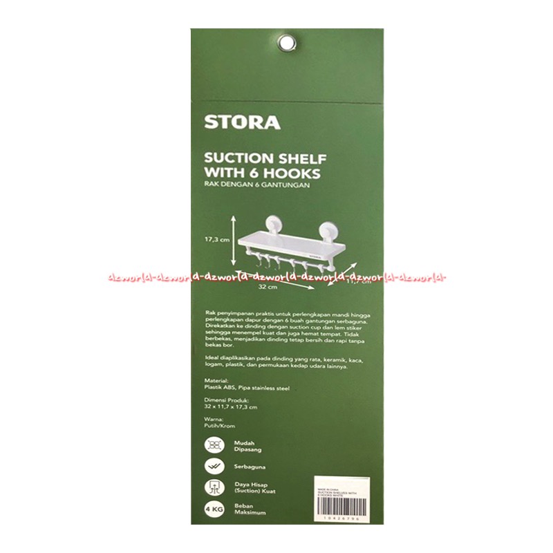 Stora Suction Shelf With 6 Hooks Rak Dengan 6Gantungan Tanpa Paku