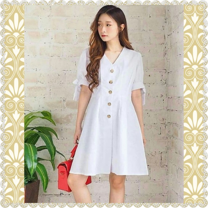 Dress Wanita Korea Casual Dress Dress Wanita Murah Kekinian Dress Button Monalisa - Putih 56CDC