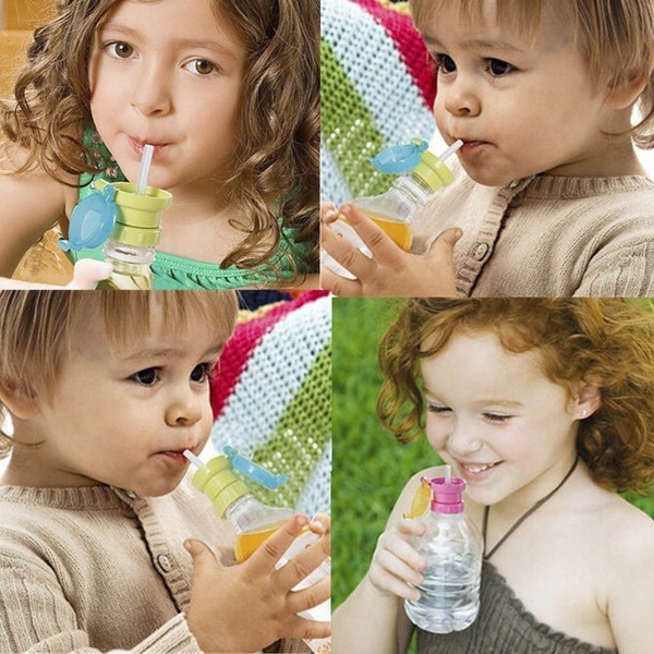 1 Set Kids Water Bottle Cap Spill Proof Juice Soda Water Bottle with Straw Safe Drink Straw Sippy Cap Feeding for Kids