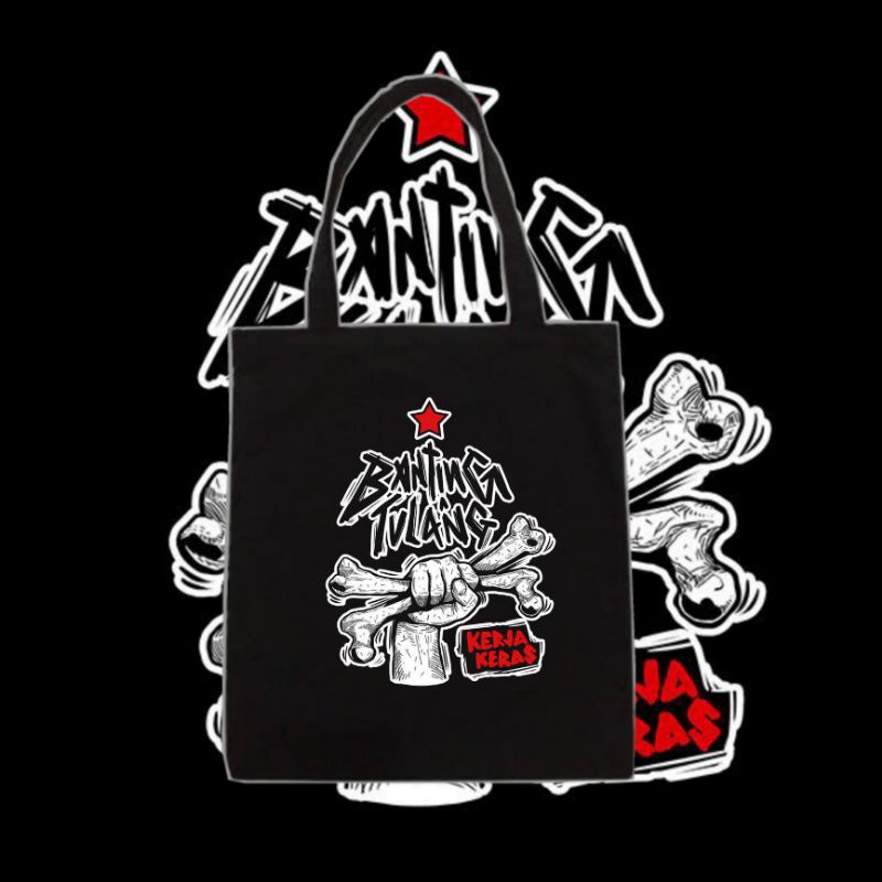 Tote bag BINTANG logo BANTING TULANG KERJA KERAS brand metal totebag resleting logo musik rock havy 
