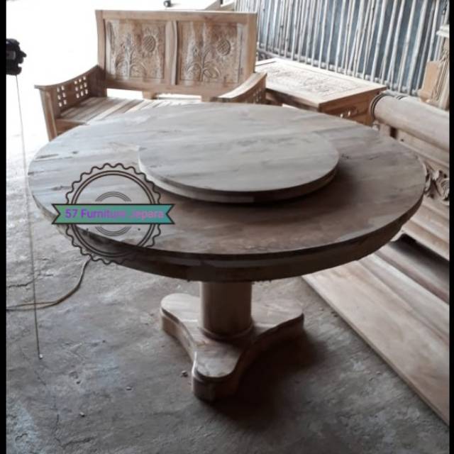 Meja makan bundar + meja putar kayu jati mentahan