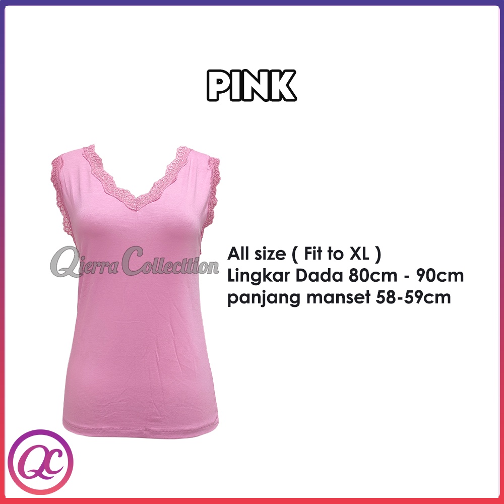 Tank Top Renda Kerah V Polos Warna All size Ready Stok-Pink