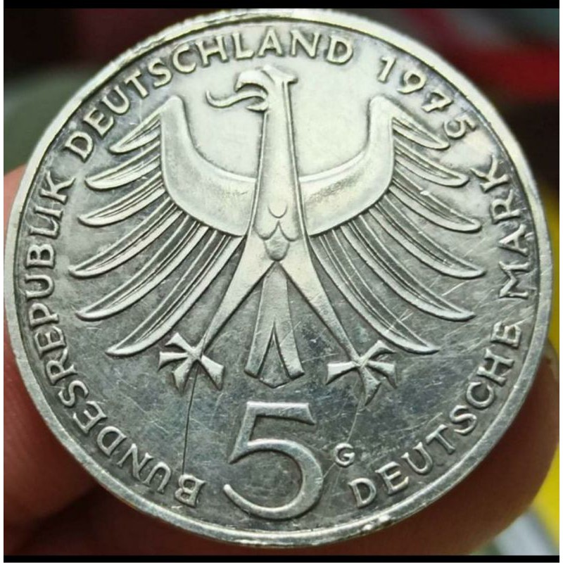Uang Koin Kuno Asing Perak Jerman 5 Mark Tahun 1975