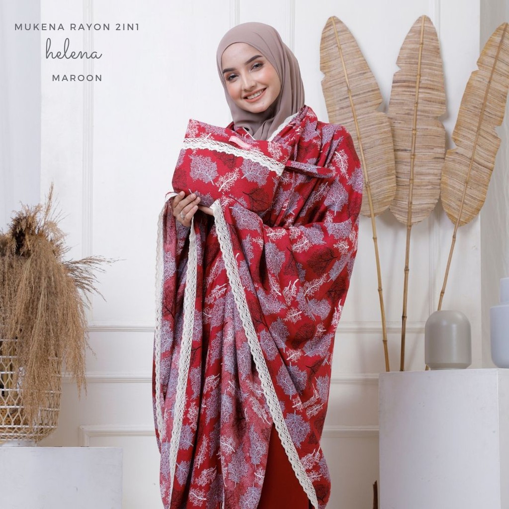 Nanoystore Official - Mukena Dewasa Premium Katun Rayon Motif 2in1 Helena Warna Maroon List Renda