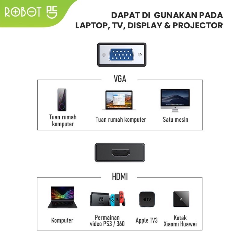 ROBOT RHV30 VGA to Adapter Laptop/PC 1080P (With Audio&amp;Power Supply) Black - Garansi 1 Tahun ROBOT INDONESIA