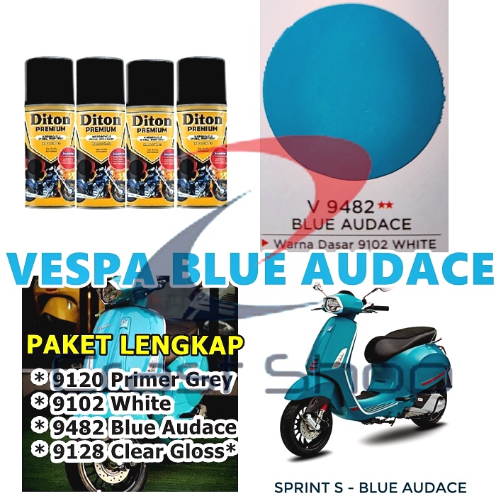 Paket Lengkap Cat Pilox Diton Premium Vespa Blue Audace 9482 Warna Biru Toska Tosca Kilap Pespa pilo