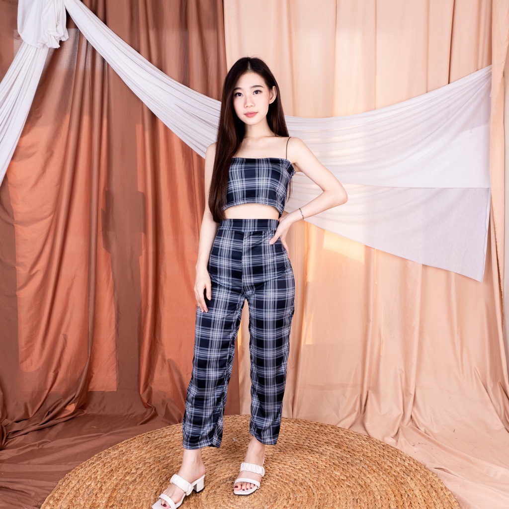 Set Honey Wanita Korean Style | Set TankTop Kotak Guilen Terkini-NAVY