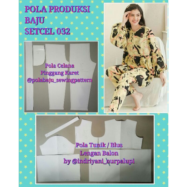 Pola Baju Untuk Produksi Setcel 032 Tunik Lengan Balon dan Celana - Pola jahit - sewing pattern