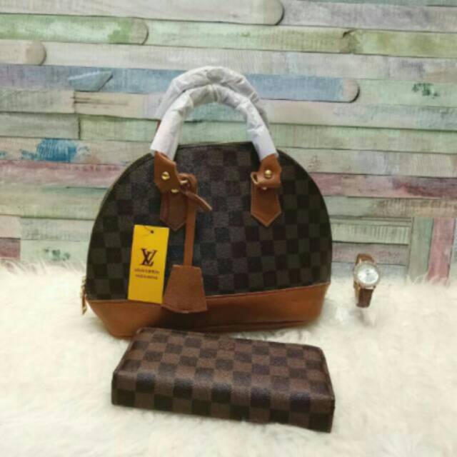 Tas Murah Alma LV Coklat Paket Dengan Dompet dan Jam Untuk Wanita