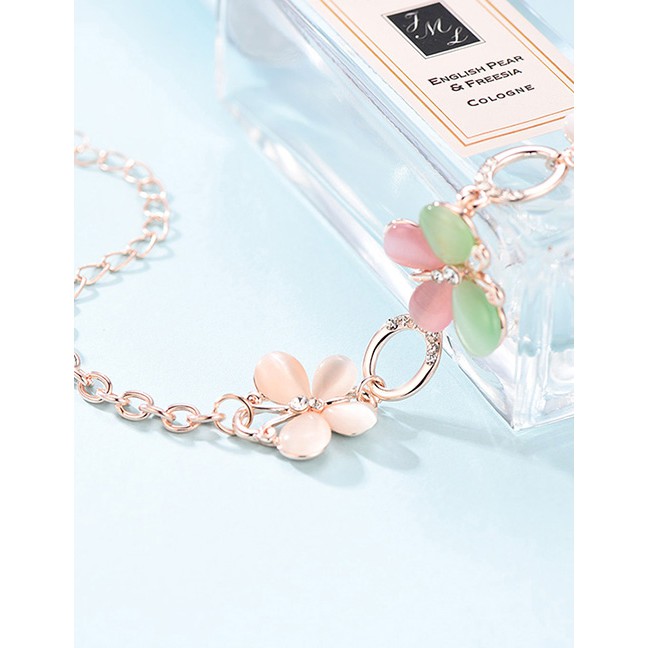 LRC Gelang Tangan Fashion Pink+green Flowers Decorated Simple Bracelet