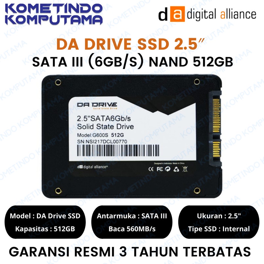 SSD DA DRIVE 2.5 Inch 512GB SATA III 6gb/s Read 560MB/s Write 520MB/s