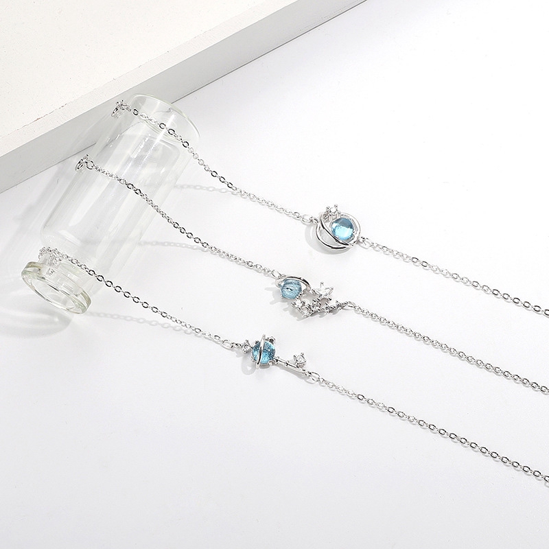 Gelang Tumpuk Bracelets Planet Key Blue Crystal Silver Color Bracelet Women Girls Fashion Jewelry