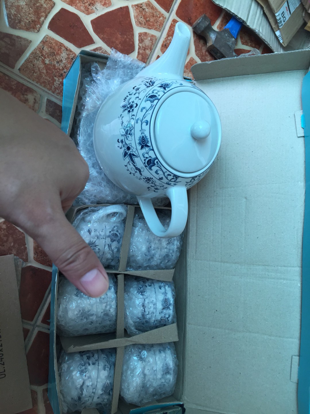 Teko Keramik Motif Ming Blue Oriental Gagang Bulat 1.2l