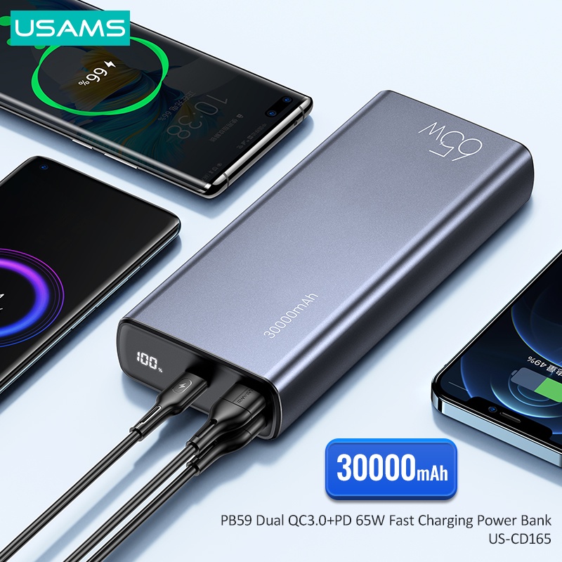 USAMS PB59 Powerbank 30000mAh Fast Charging PD 65W Dual QC3.0 + Kabel Data C to C 100W