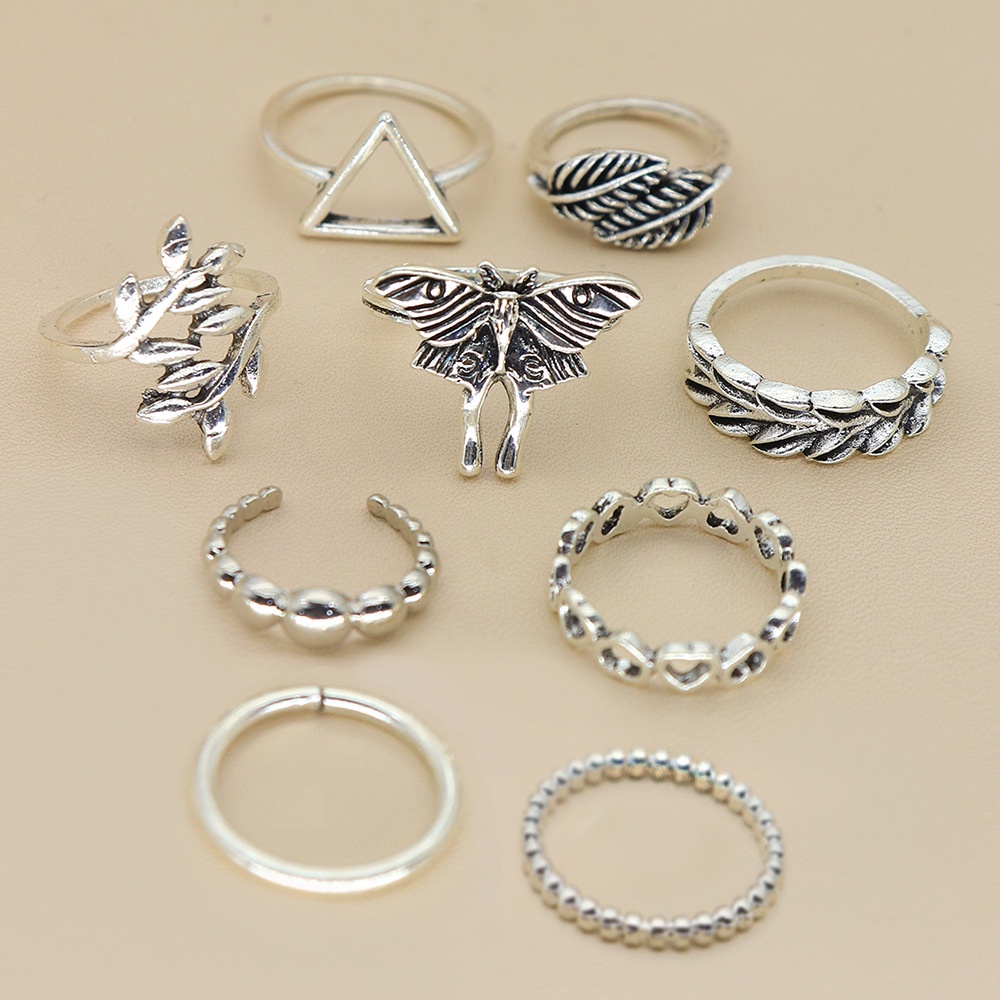 9 Pcs / Set Cincin Desain Kupu-Kupu Daun Hati Segitiga Besar Warna Silver Gaya Bohemia