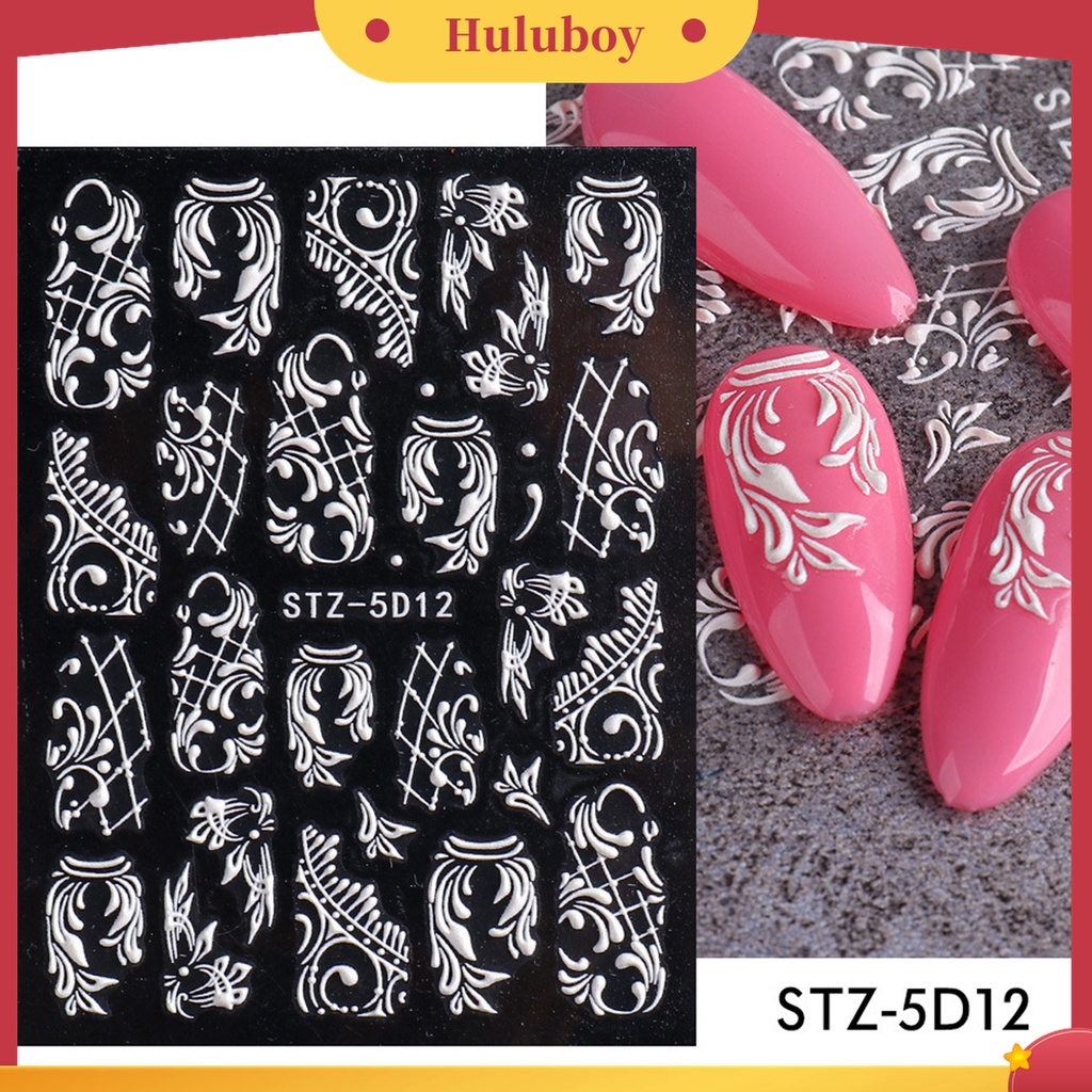 Huluboy Huluboy♡ Stiker Kuku Motif Bunga Timbul 5D Warna Putih Gaya Retro Untuk Dekorasi Manicure