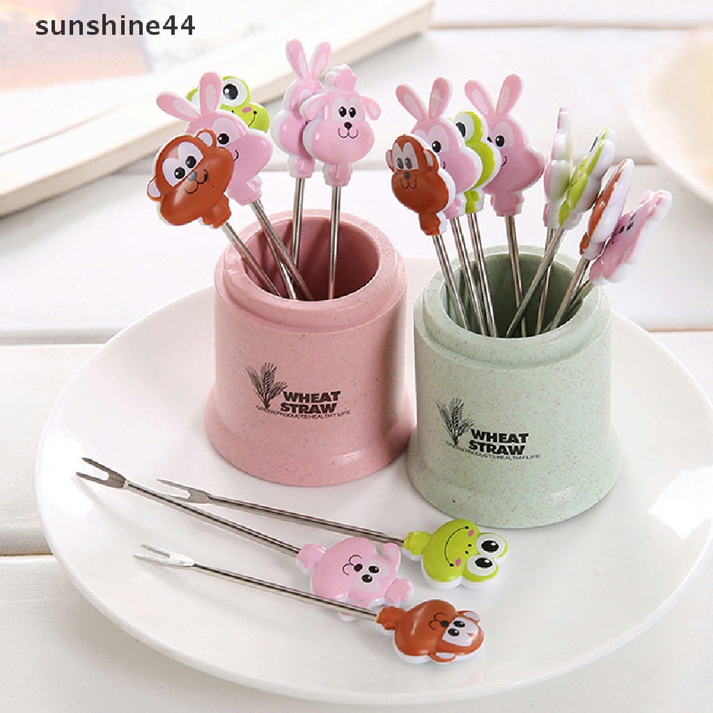 Sunshine 8PCS / Set Garpu Buah / Kue Mini Bahan Stainless Steel Motif Kartun Hewan Untuk Pesta