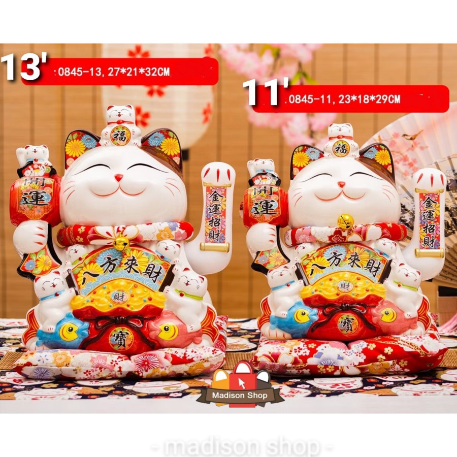 Maneki Neko Tangan Goyang Pajangan Kucing Hoki Besar Jumbo Patung Kado - 13 Inch