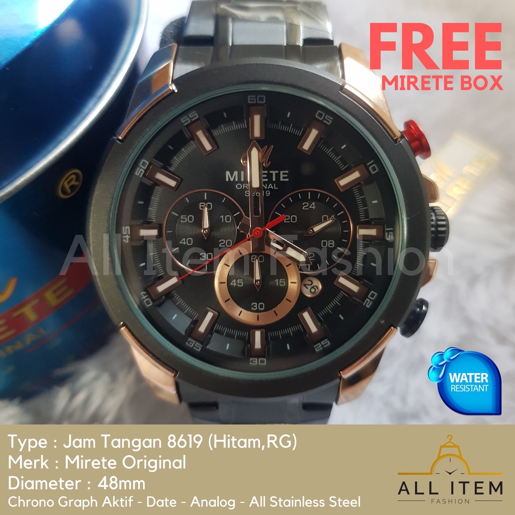 Jam Tangan Chrono Rantai MIRETE 8619 / Jam Tangan Pria Anti Air ORI / Arloji / Watches (FREE BOX)