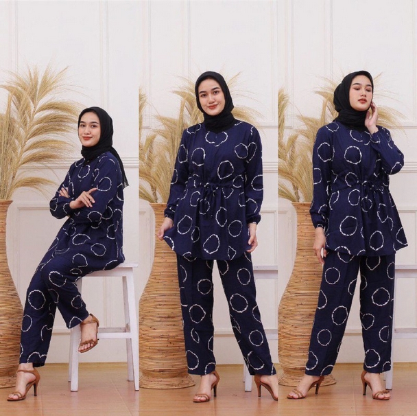 One Set Wanita Rayon Viscose Tali Serut Setelan Wanita Jumbo Lengan Panjang Baju Wanita Kekinian LD 120 cm