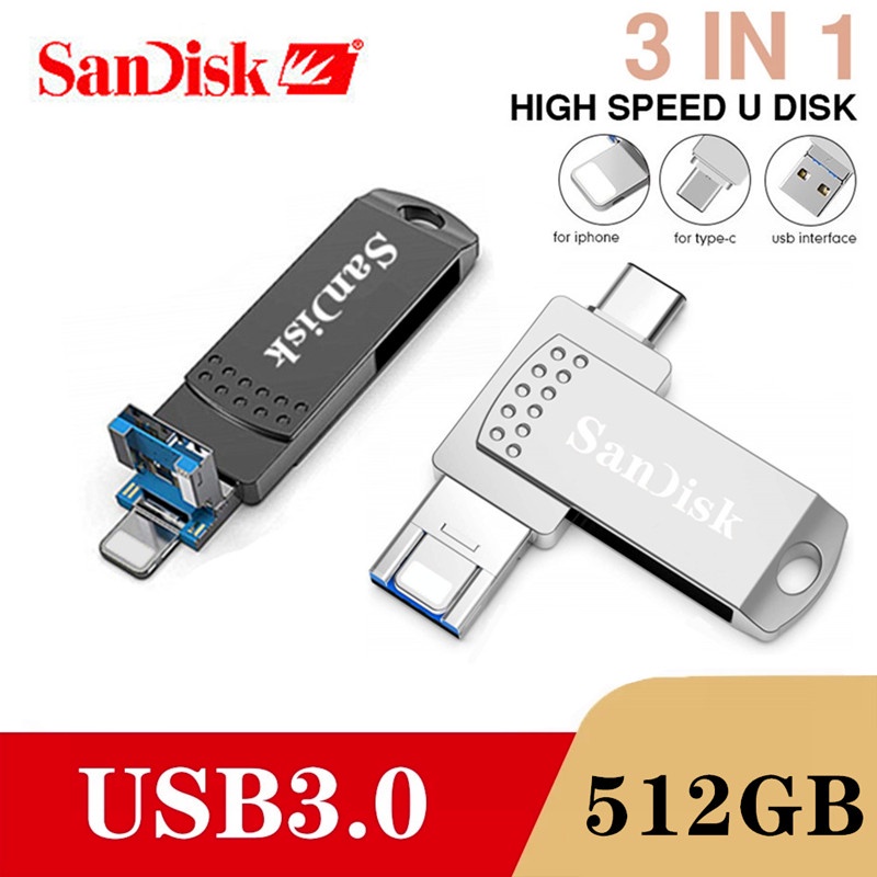 Sandisk Flashdisk USB Tipe-c OTG 3 in 1 Kapasitas 512GB Anti Air Untuk Handphone / PC