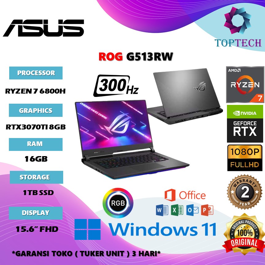 Laptop Gaming Asus Rog G513RW R77RD6GO RYZEN 7 6800H RTX3070TI 8GB RAM 16GB 1TBSSD W11+OHS 15.6FHD 300HZ