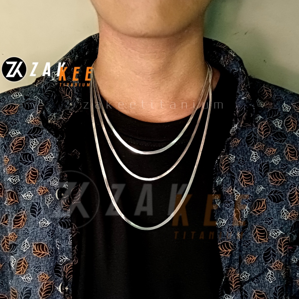 Kalung Titanium Pria Silver Perak Kilau New Anti Karat Cowok Cewek Laki Keren Panjang 45cm 50cm 60cm