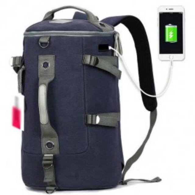 Tas Ransel Duffel Travel dengan USB Charger Port - Black Blue OMFB4KBJ